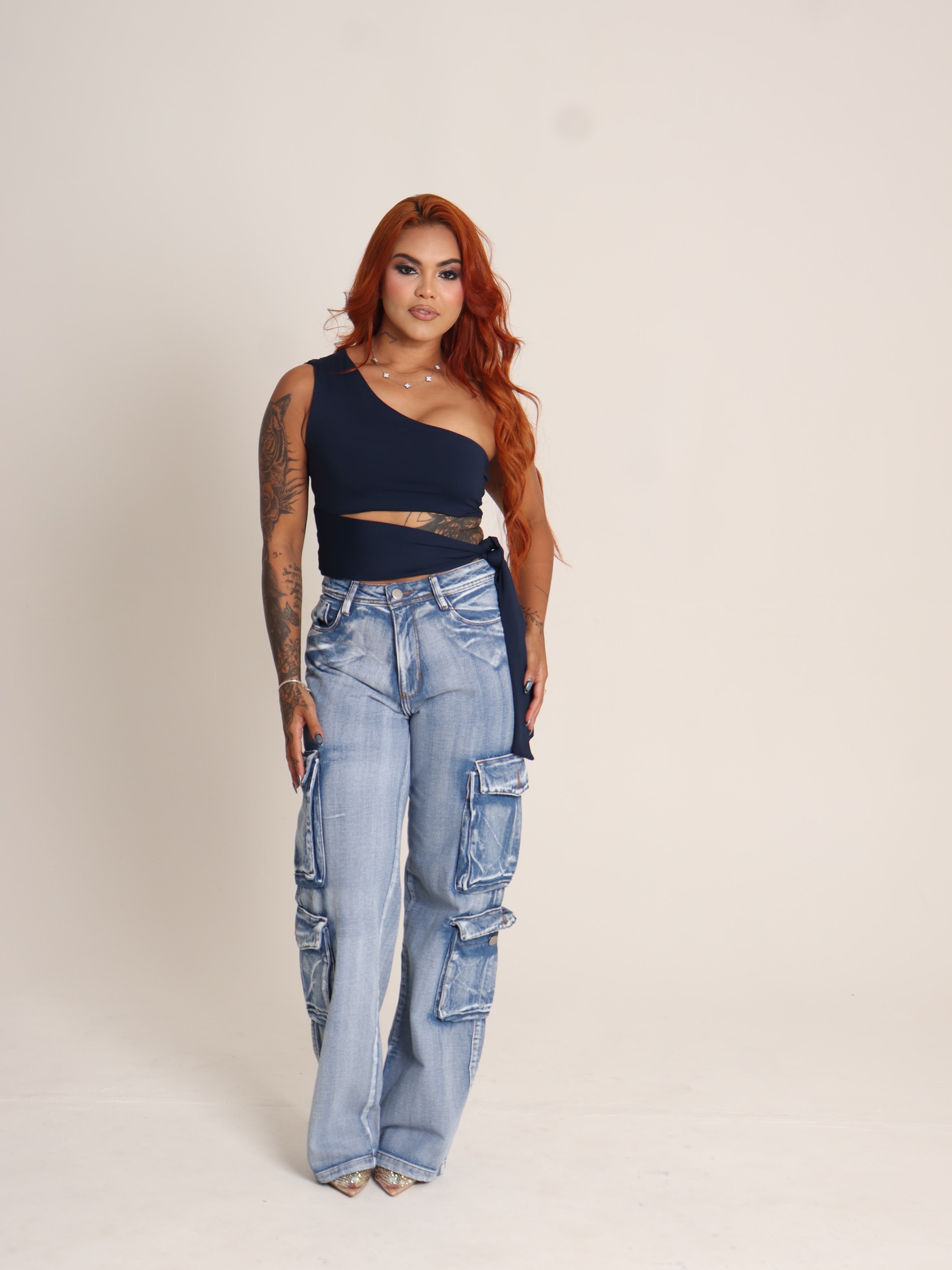 Conjunto Regata Marinho e Calça Cargo Jeans